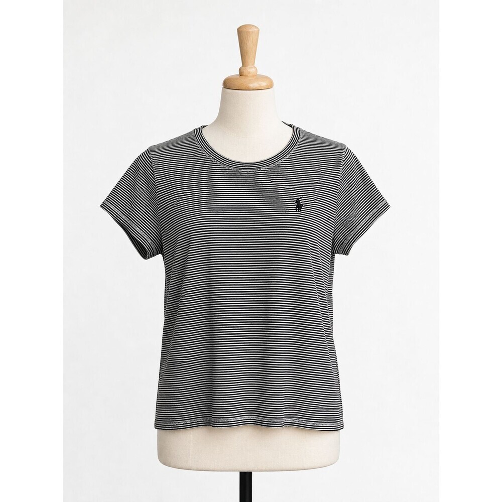 Women's Ralph Lauren Sport T-Shirt Size Medium Black Striped Pony Logo Top